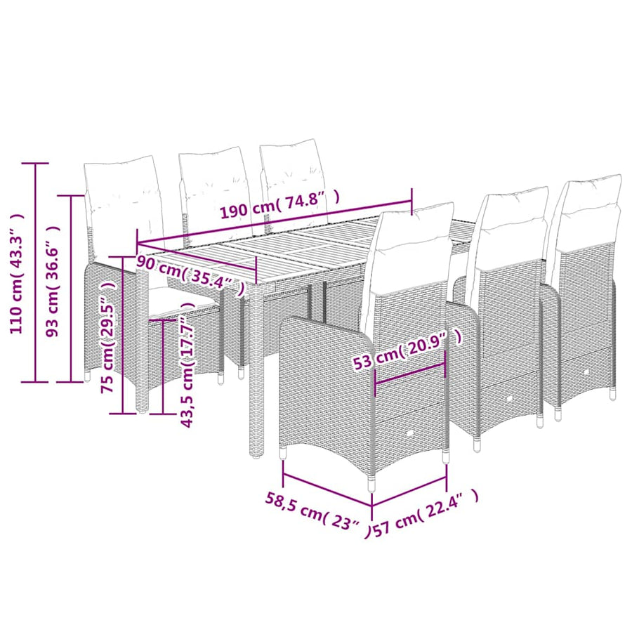 Bistroset Met Kussens Poly Rattan Grijs 9 190 x 90 x 75 cm