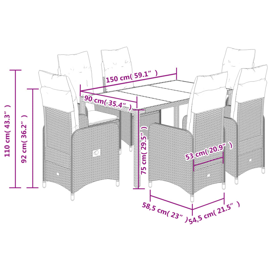 7-delige Bistroset met kussens poly rattan grijs