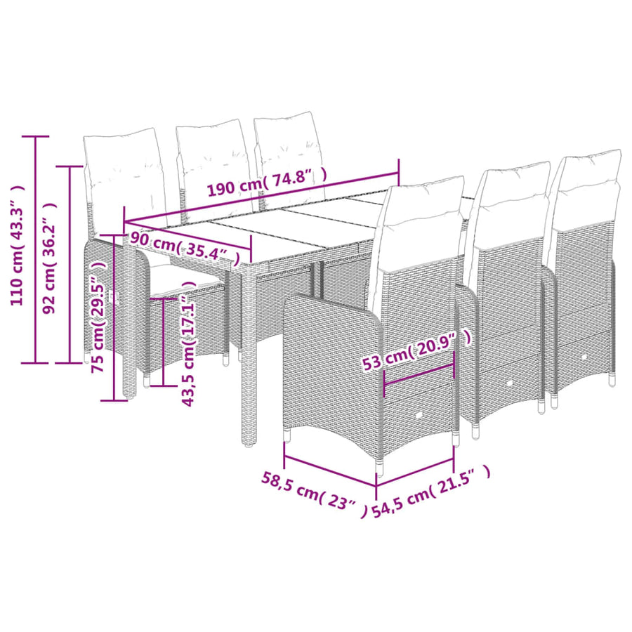7-delige Bistroset met kussens poly rattan grijs