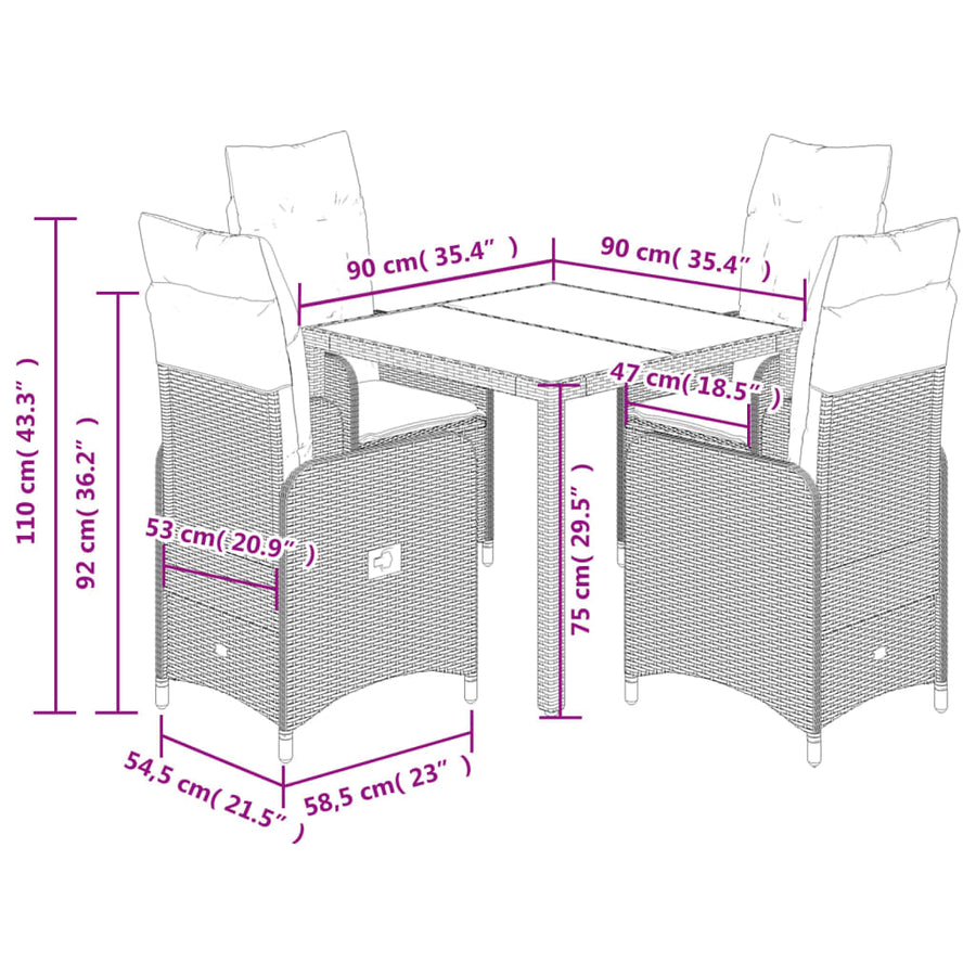 5-delige Bistroset met kussens poly rattan bruin
