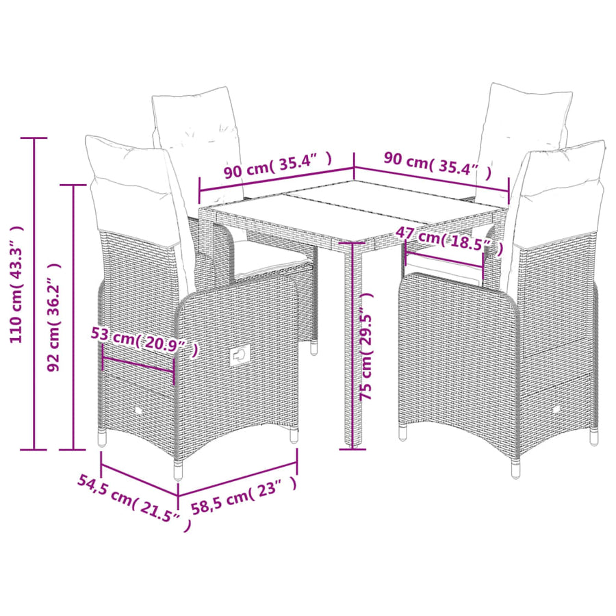 5-delige Bistroset met kussens poly rattan bruin