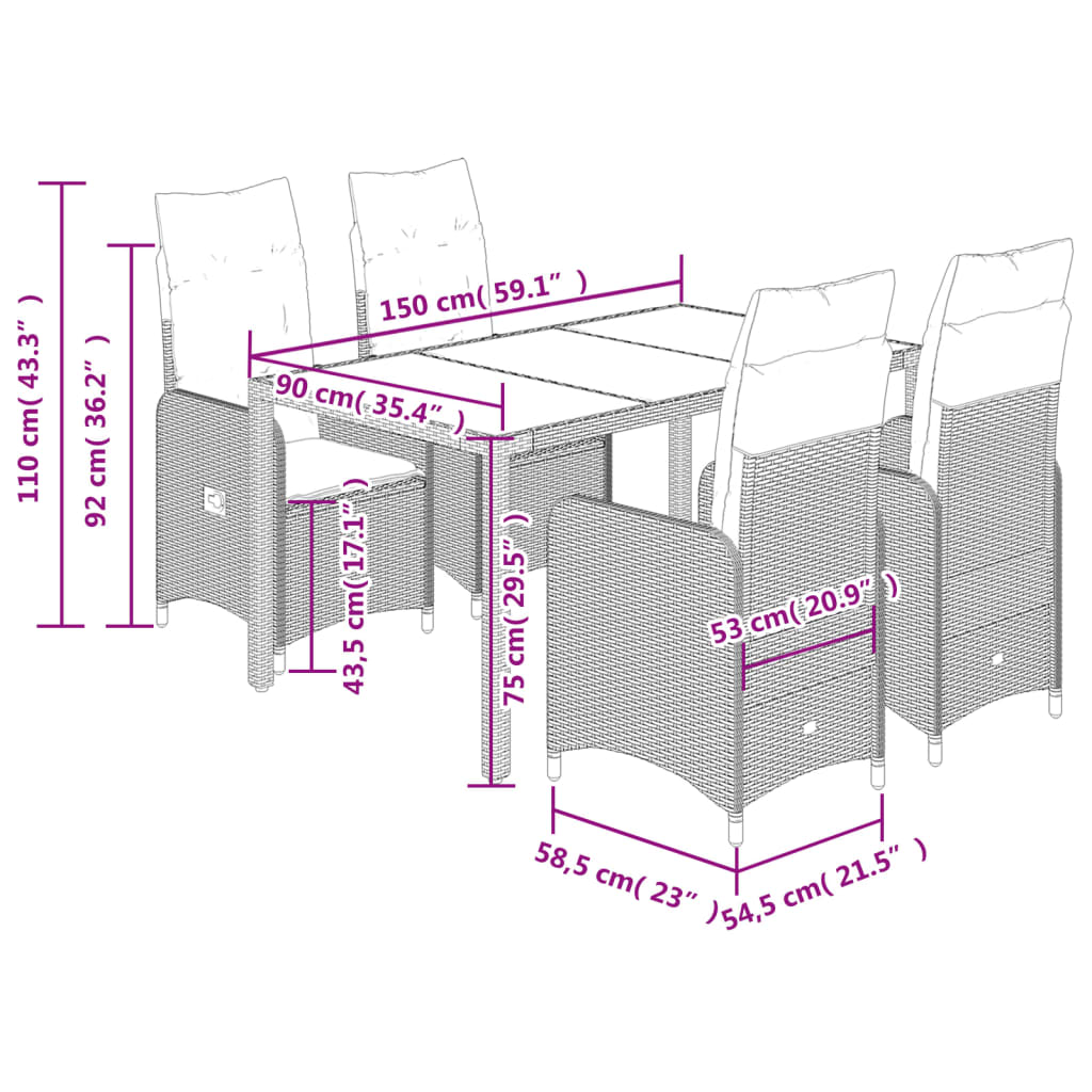5-delige Bistroset met kussens poly rattan bruin