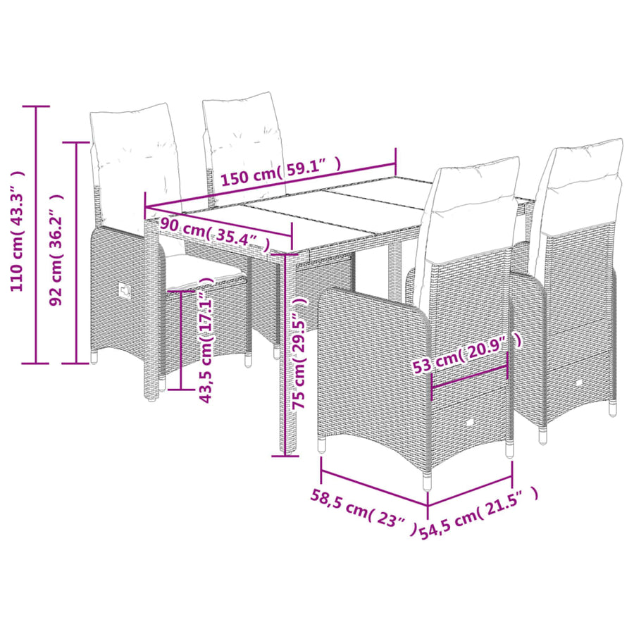 5-delige Bistroset met kussens poly rattan bruin