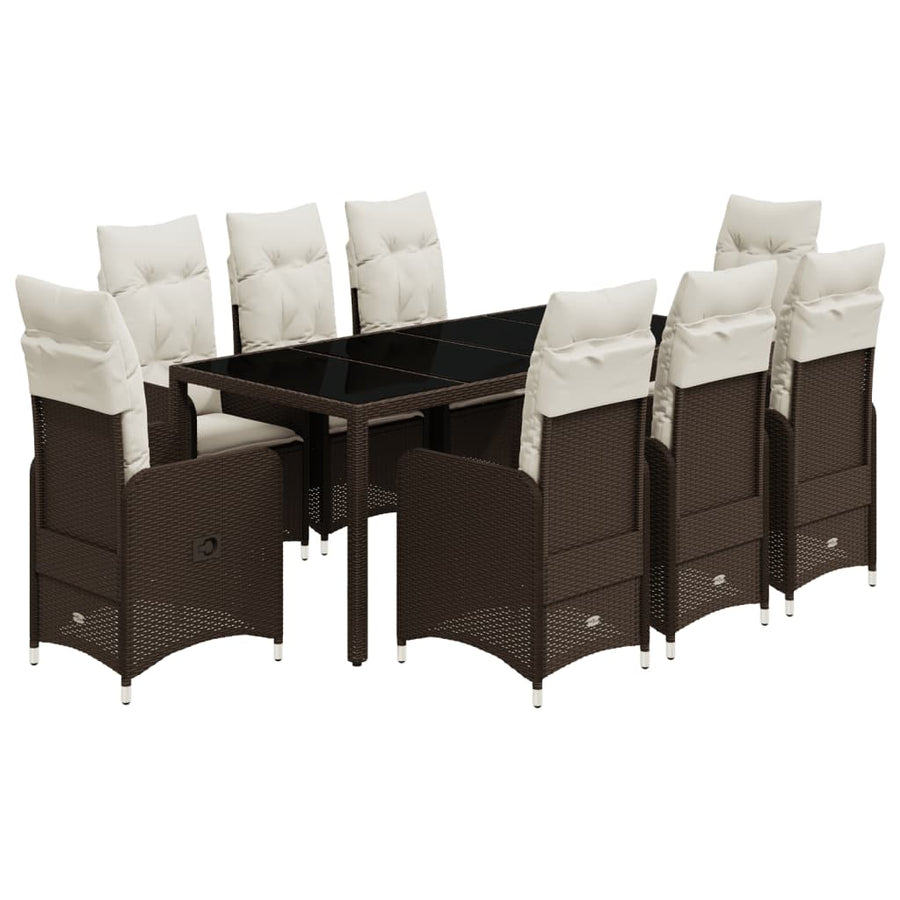 9-delige Bistroset met kussens poly rattan bruin