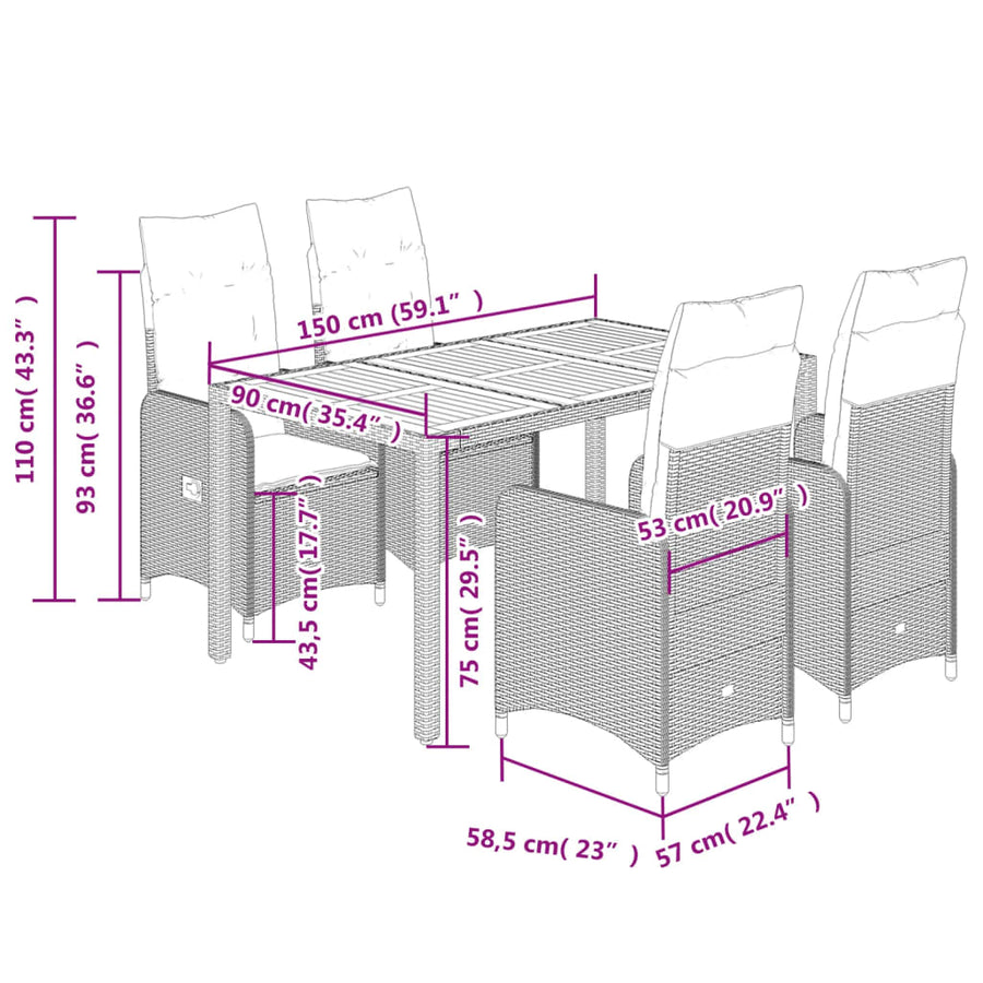 5-delige Bistroset met kussens poly rattan beige