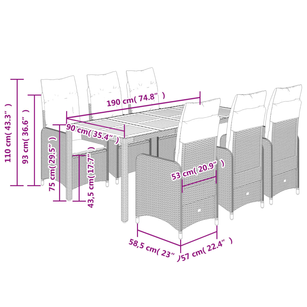 7-delige Bistroset met kussens poly rattan beige