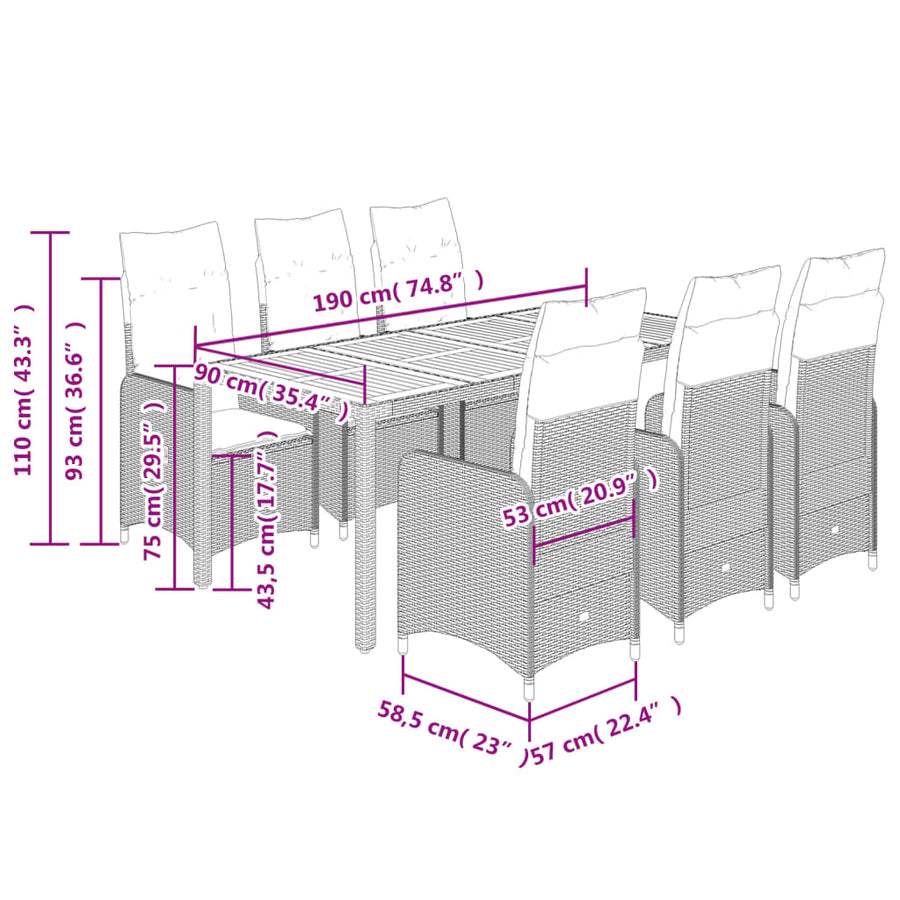 7-delige Bistroset met kussens poly rattan beige