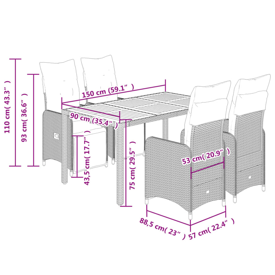 Bistroset Met Kussens Poly Rattan Zwart 5 150 x 90 x 75 cm Hout