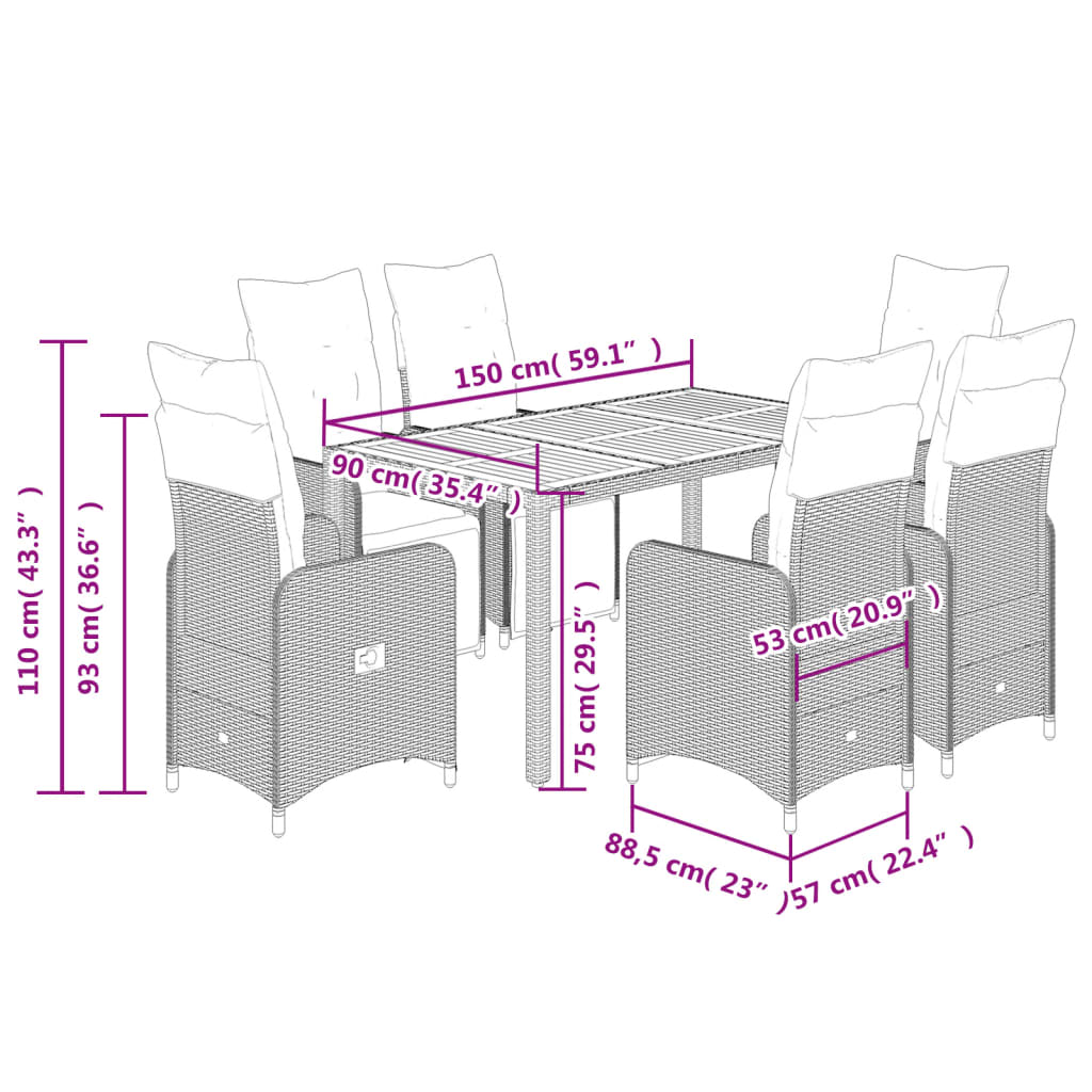 Bistroset Met Kussens Poly Rattan Zwart 7 150 x 90 x 75 cm Hout