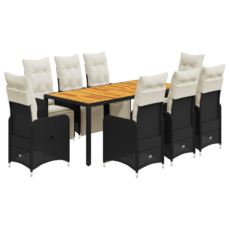 9-delige Bistroset met kussens poly rattan zwart