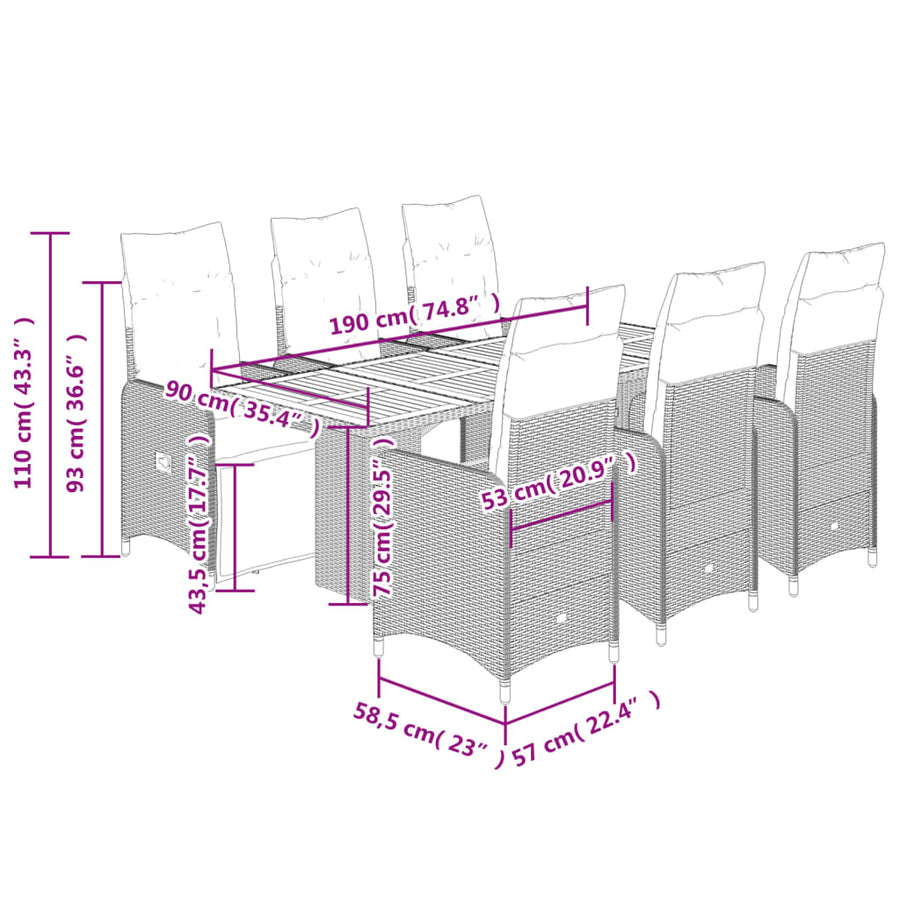 7-delige Bistroset met kussens poly rattan zwart