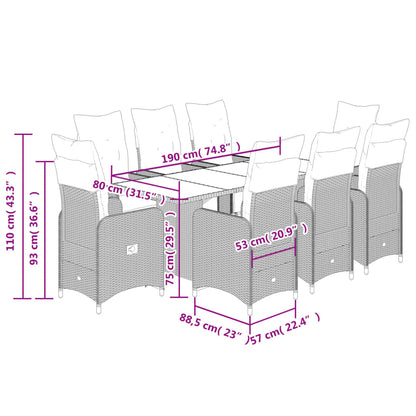 9-delige Bistroset met kussens poly rattan zwart