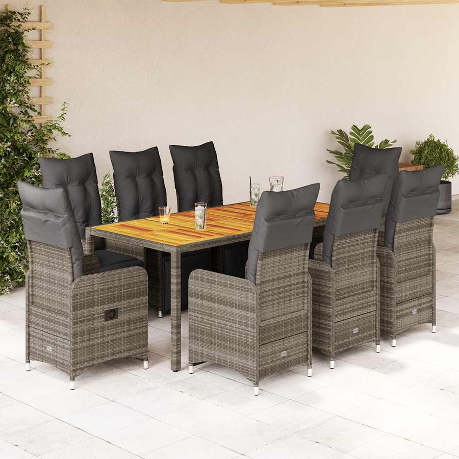 Bistroset Met Kussens Poly Rattan Grijs 9 190 x 90 x 75 cm Hout