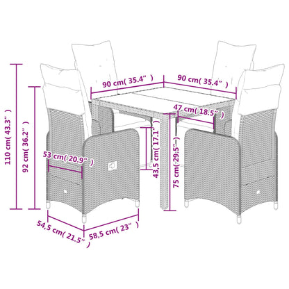 5-delige Bistroset met kussens poly rattan grijs