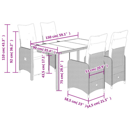 5-delige Bistroset met kussens poly rattan grijs