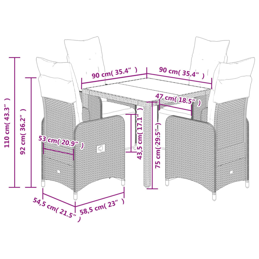 5-delige Bistroset met kussens poly rattan bruin