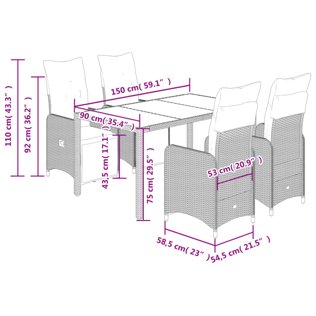 5-delige Bistroset met kussens poly rattan bruin