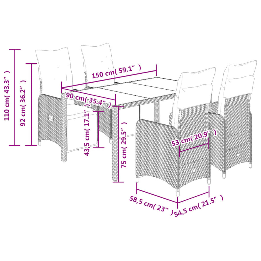 5-delige Bistroset met kussens poly rattan bruin