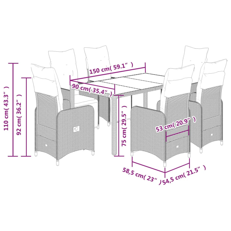 7-delige Bistroset met kussens poly rattan bruin