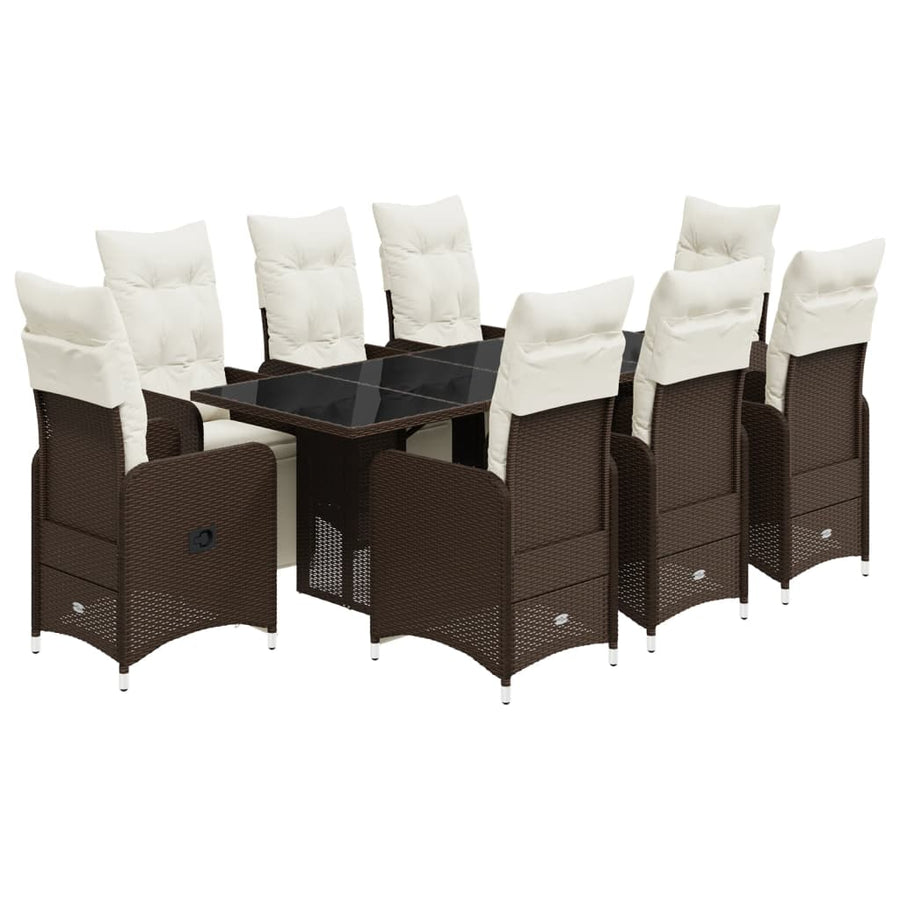 9-delige Bistroset met kussens poly rattan bruin