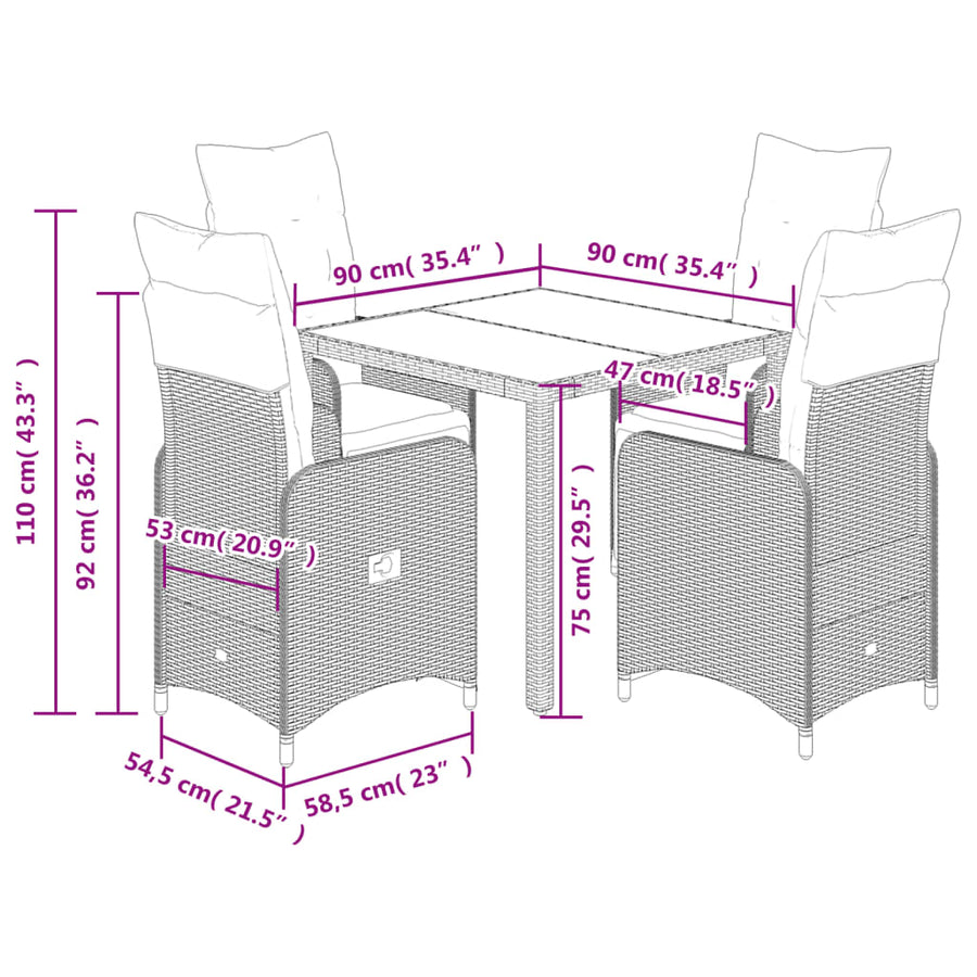 5-delige Bistroset met kussens poly rattan bruin