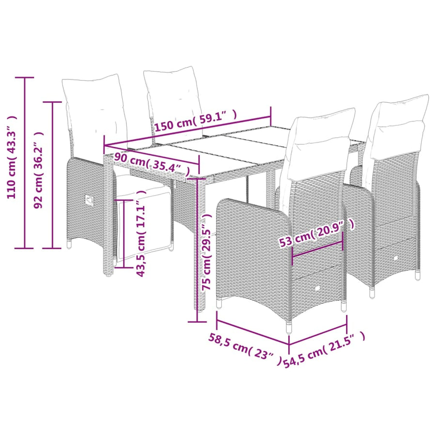 5-delige Bistroset met kussens poly rattan bruin