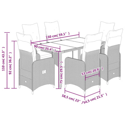 7-delige Bistroset met kussens poly rattan bruin