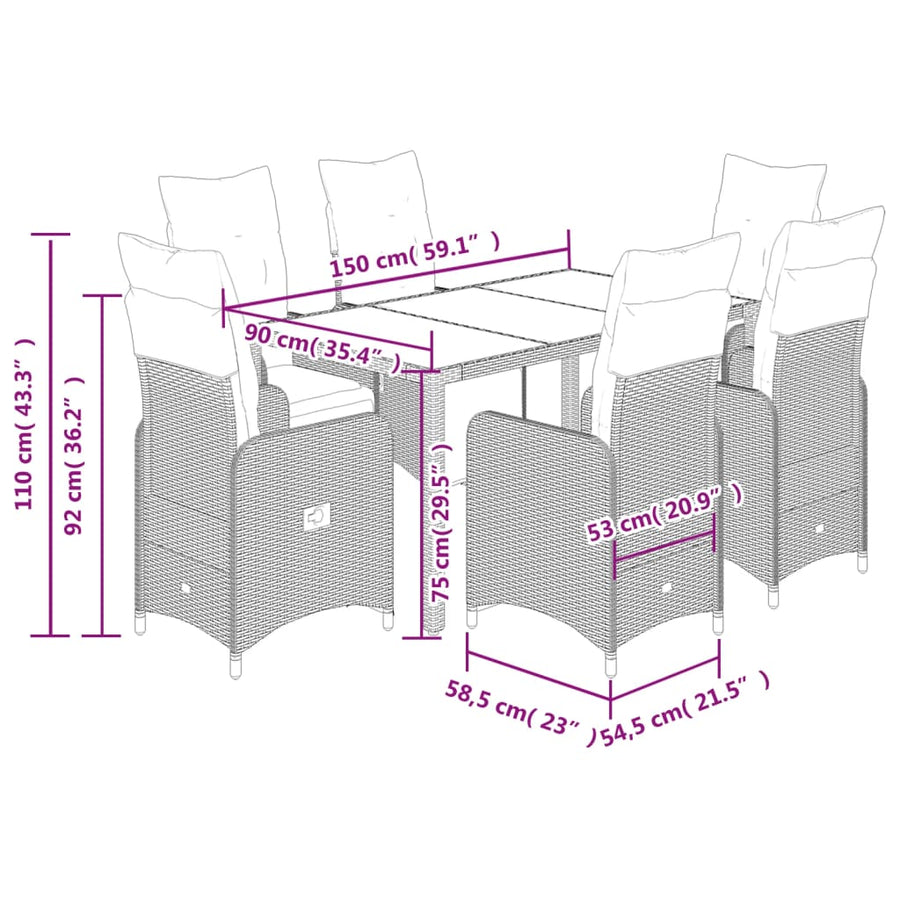 7-delige Bistroset met kussens poly rattan bruin