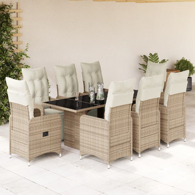 9-delige Bistroset met kussens poly rattan bruin