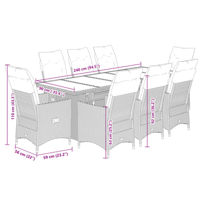 9-delige Bistroset met kussens poly rattan grijs