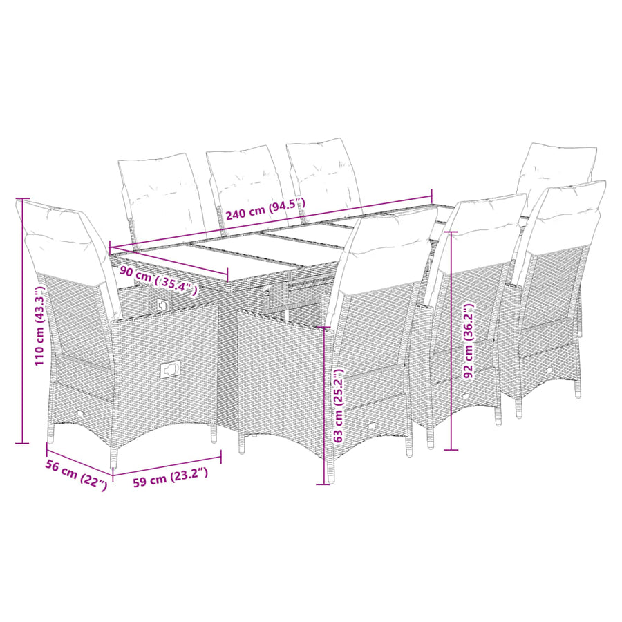 9-delige Bistroset met kussens poly rattan grijs