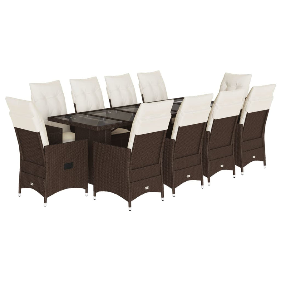 11-delige Bistroset met kussens poly rattan bruin