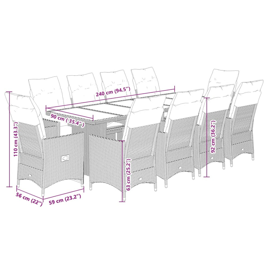 11-delige Bistroset met kussens poly rattan bruin