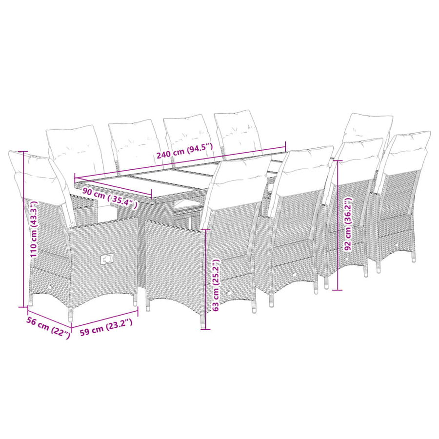 11-delige Bistroset met kussens poly rattan beige