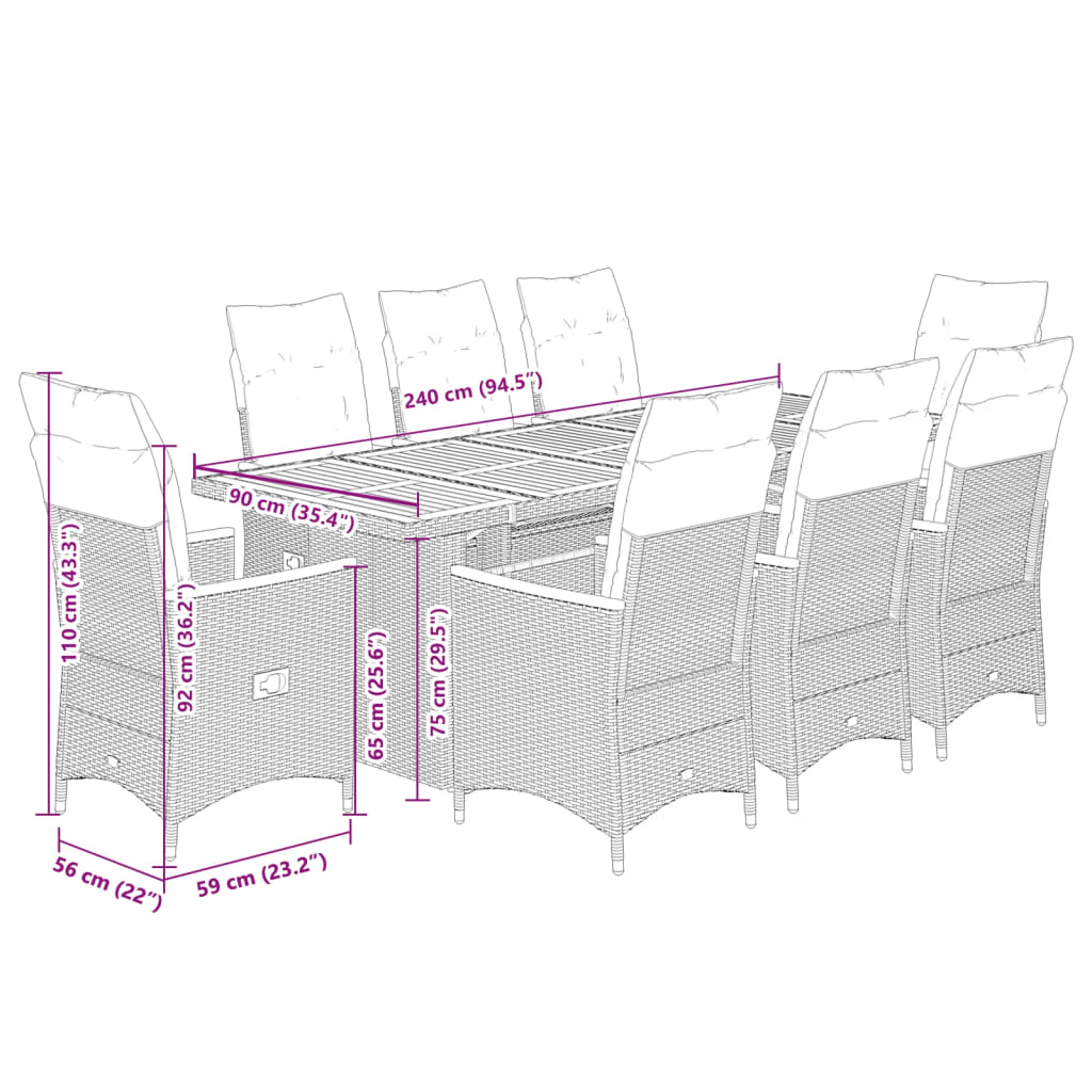 9-Delige Bistroset Met Kussens Poly Rattan Grijs 8
