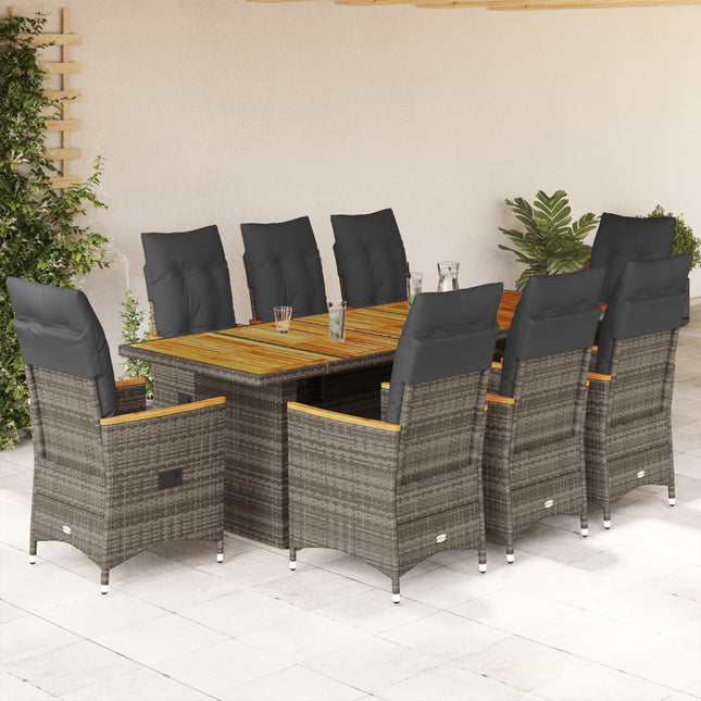 9-delige Bistroset met kussens poly rattan grijs