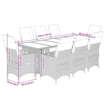 9-delige Bistroset met kussens poly rattan beige