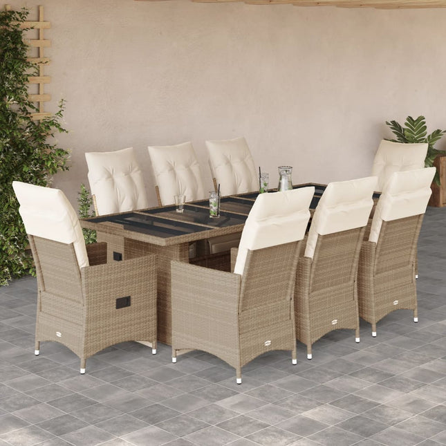 9-delige Bistroset met kussens poly rattan beige