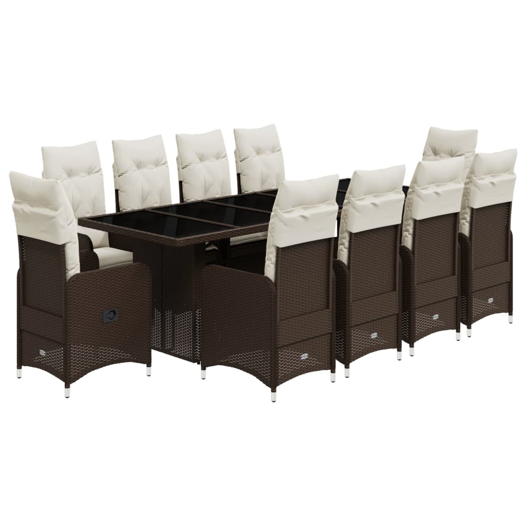 11-delige Bistroset met kussens poly rattan bruin