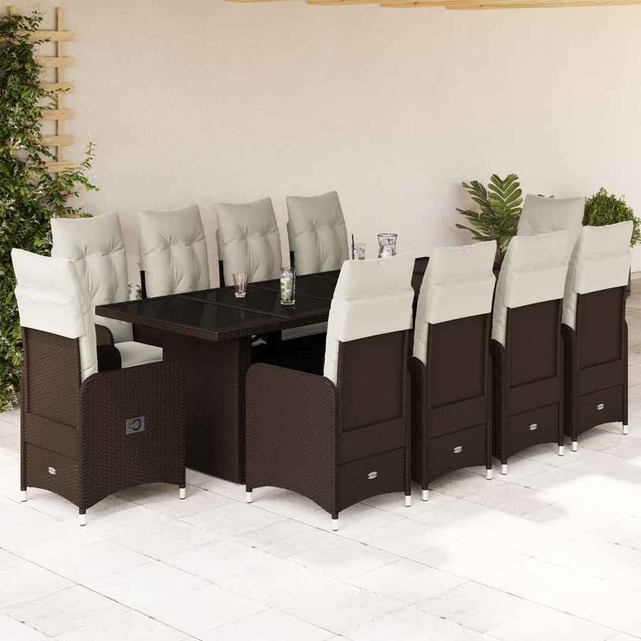 11-delige Bistroset met kussens poly rattan bruin