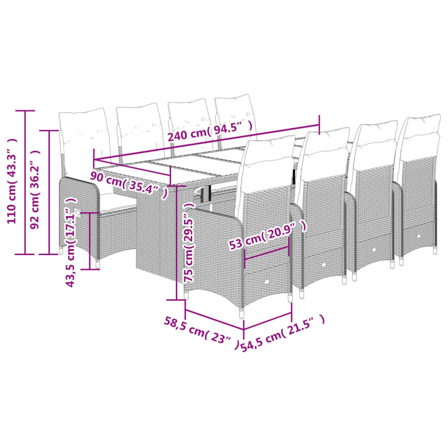 11-delige Bistroset met kussens poly rattan beige