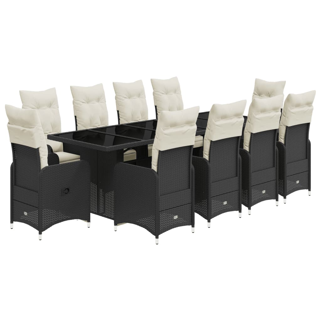 11-delige Bistroset met kussens poly rattan zwart