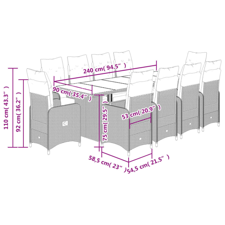 11-delige Bistroset met kussens poly rattan bruin