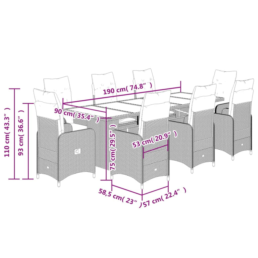 9-delige Bistroset met kussens poly rattan beige