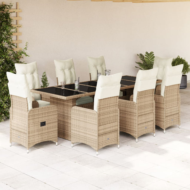 9-delige Bistroset met kussens poly rattan beige