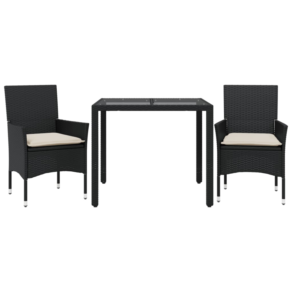 3-delige Tuinset met kussens poly rattan en glas zwart