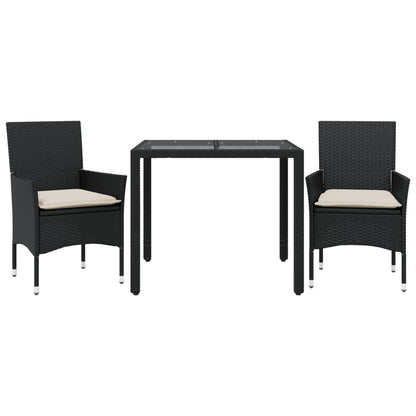 3-delige Tuinset met kussens poly rattan en glas zwart