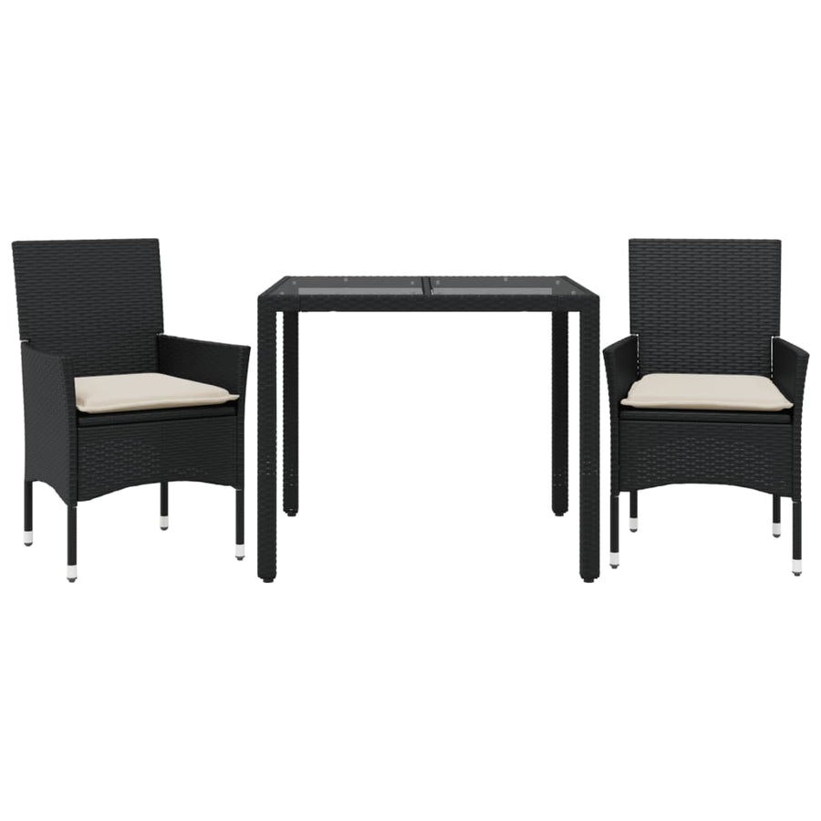 3-delige Tuinset met kussens poly rattan en glas zwart