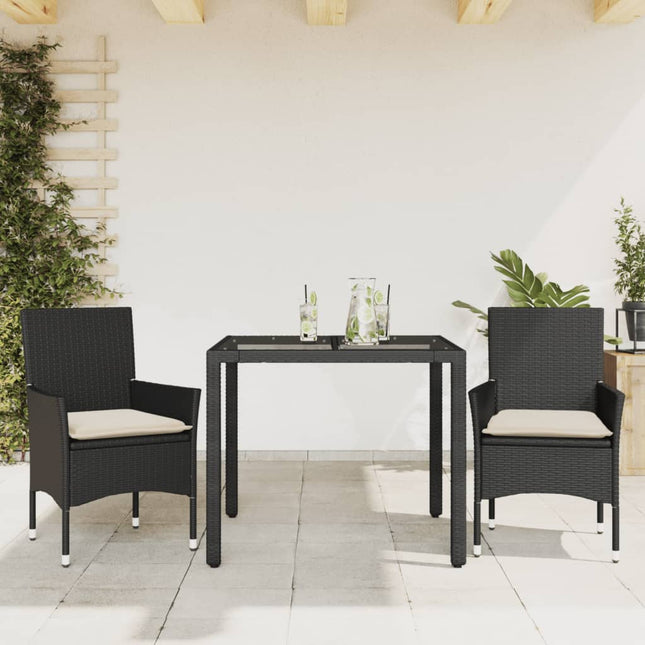 3-delige Tuinset met kussens poly rattan en glas zwart