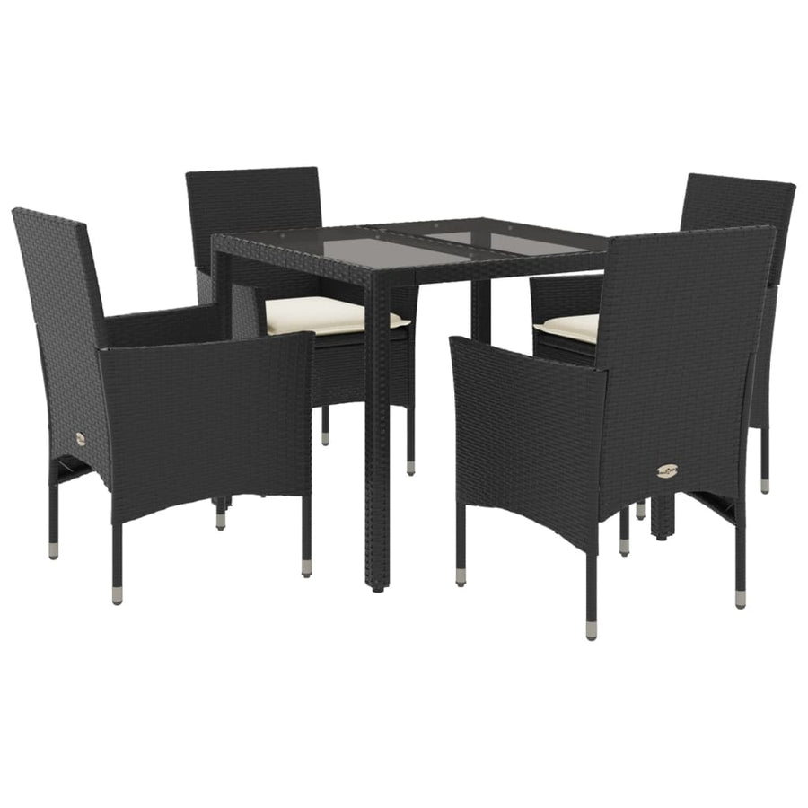 5-delige Tuinset met kussens poly rattan en glas zwart